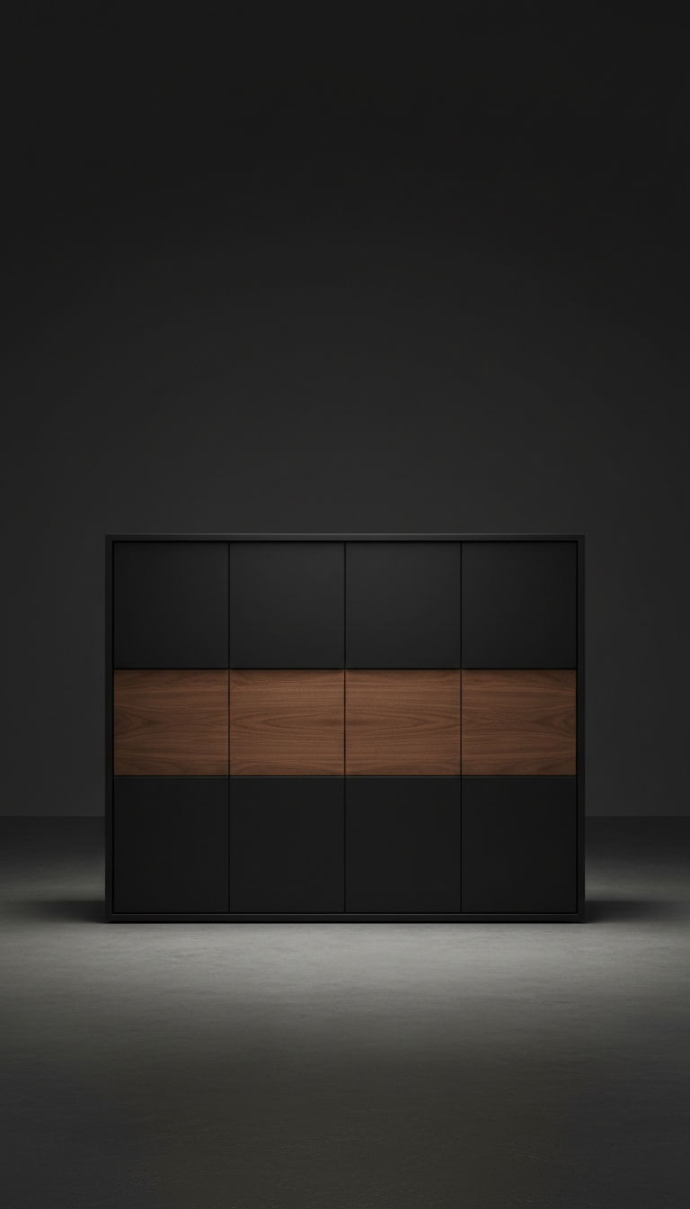 Matte Black Cabinetry With Walnut Insets