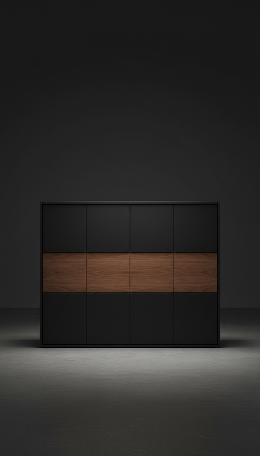 Matte Black Cabinetry With Walnut Insets